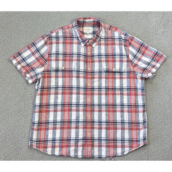Lucky Brand Shirt Mens XXL 2XL Linen‎ Blend Button Up Blue Red White Plaid - Picture 1 of 9